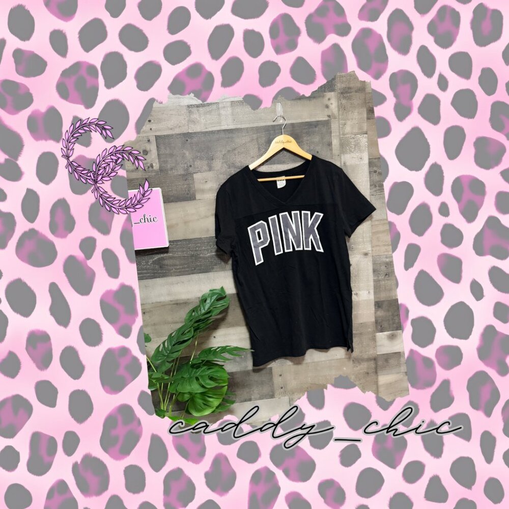 Victoria’s Secret PINK Black V-Neck Logo Tee Size M EUC